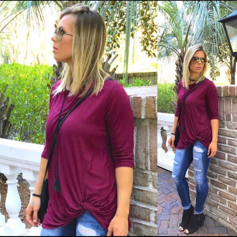 Burgundy 3/4 sleeve knot top